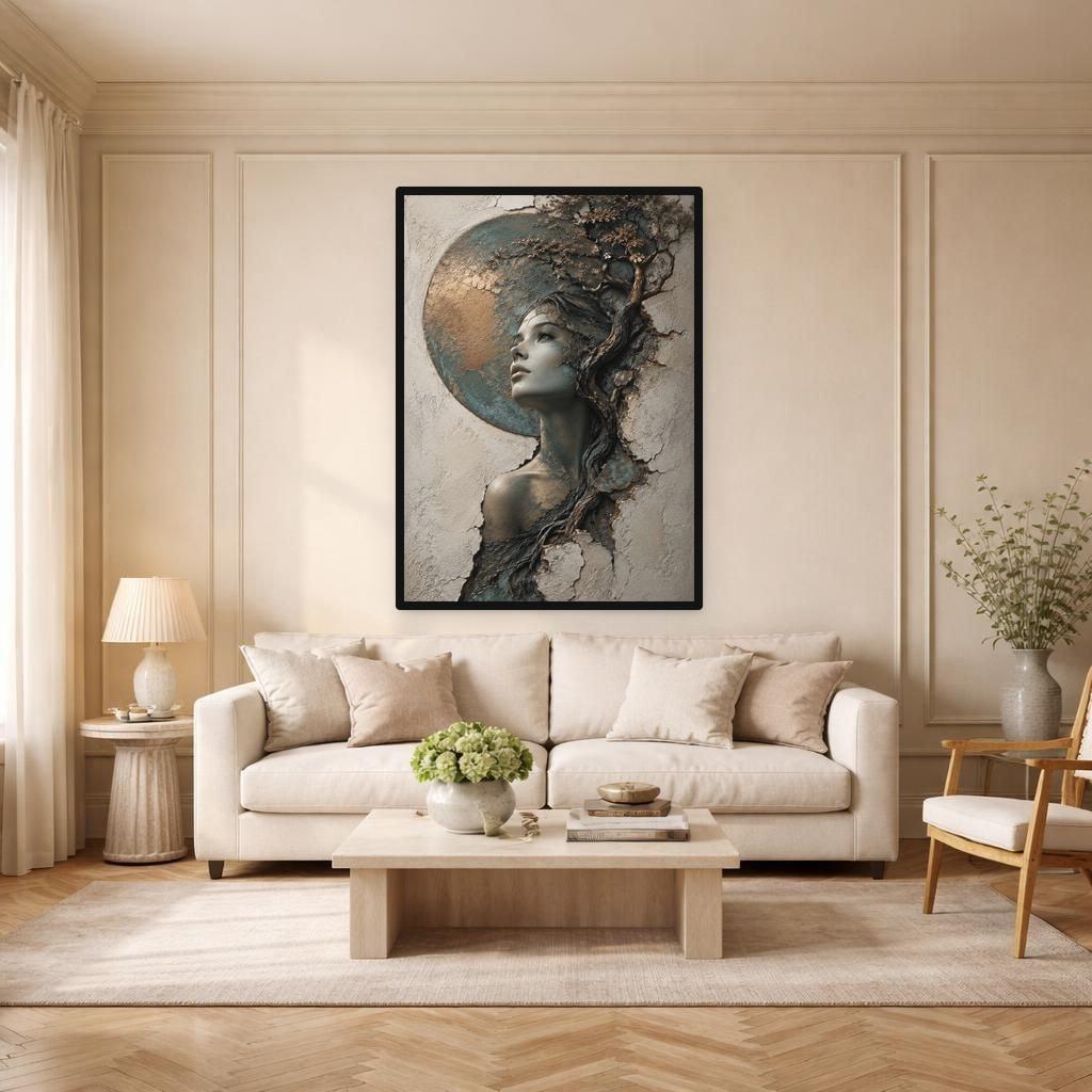 Woman with Tree Canvas Wall Art, Teal Artistic Portrait Nature Wall Art, Living Room Decor, Gallery Wall Art