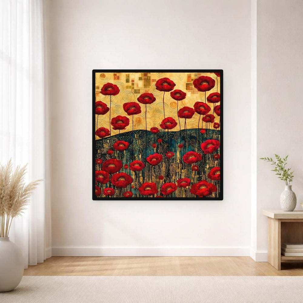 Gustav Klimt Red Floral Framed Canvas Print, Gold Floral Botanical Art, Living Room Decor