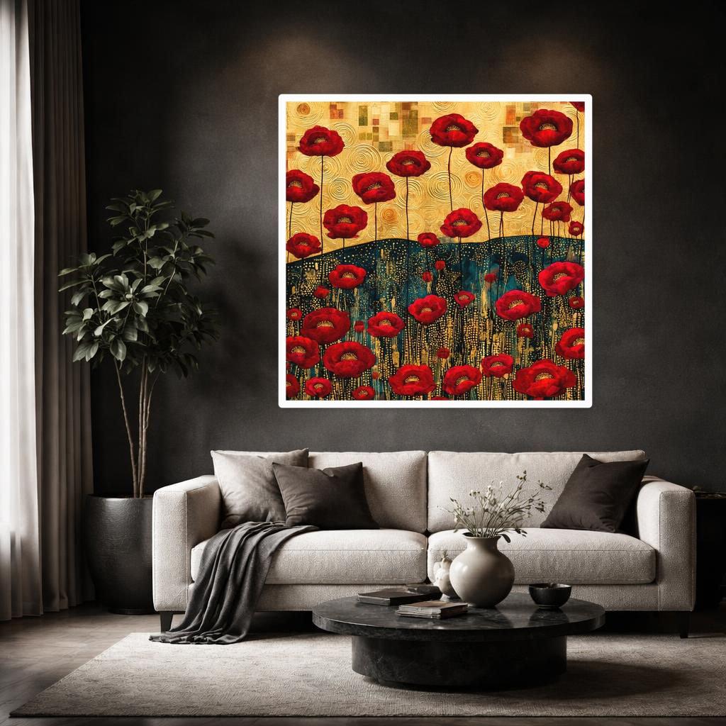 Gustav Klimt Red Floral Framed Canvas Print, Gold Floral Botanical Art, Living Room Decor