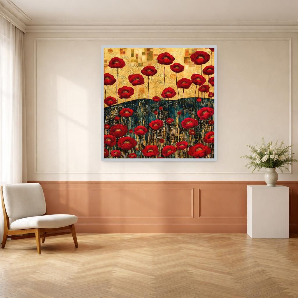 Gustav Klimt Red Floral Framed Canvas Print, Gold Floral Botanical Art, Living Room Decor