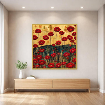 Gustav Klimt Red Floral Framed Canvas Print, Gold Floral Botanical Art, Living Room Decor