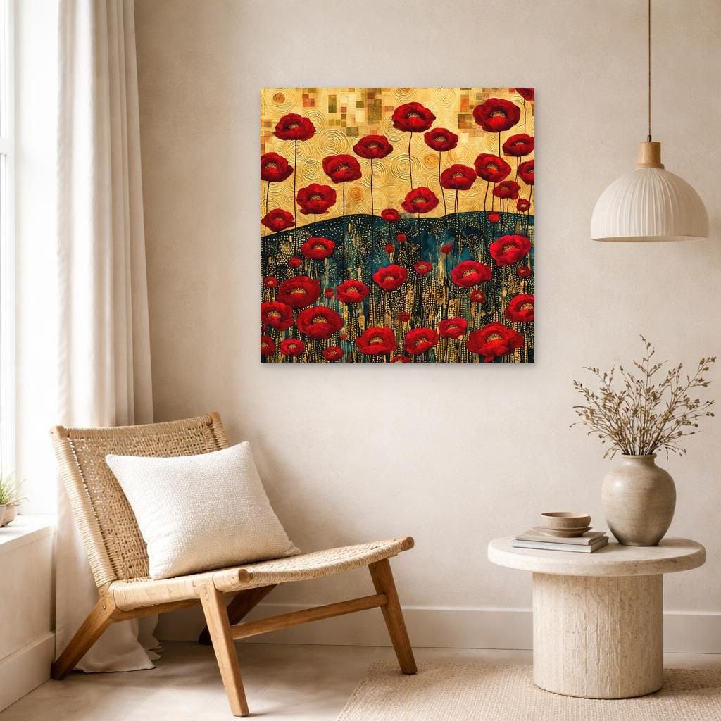 Gustav Klimt Red Floral Framed Canvas Print, Gold Floral Botanical Art, Living Room Decor