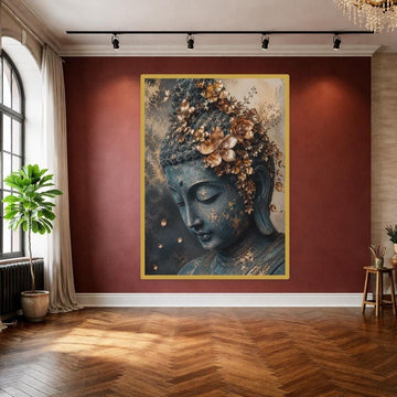 Golden Buddha Portrait Art Print, Zen Floral Art Canvas Wall Art, Meditation Room Decor, Framed Canvas