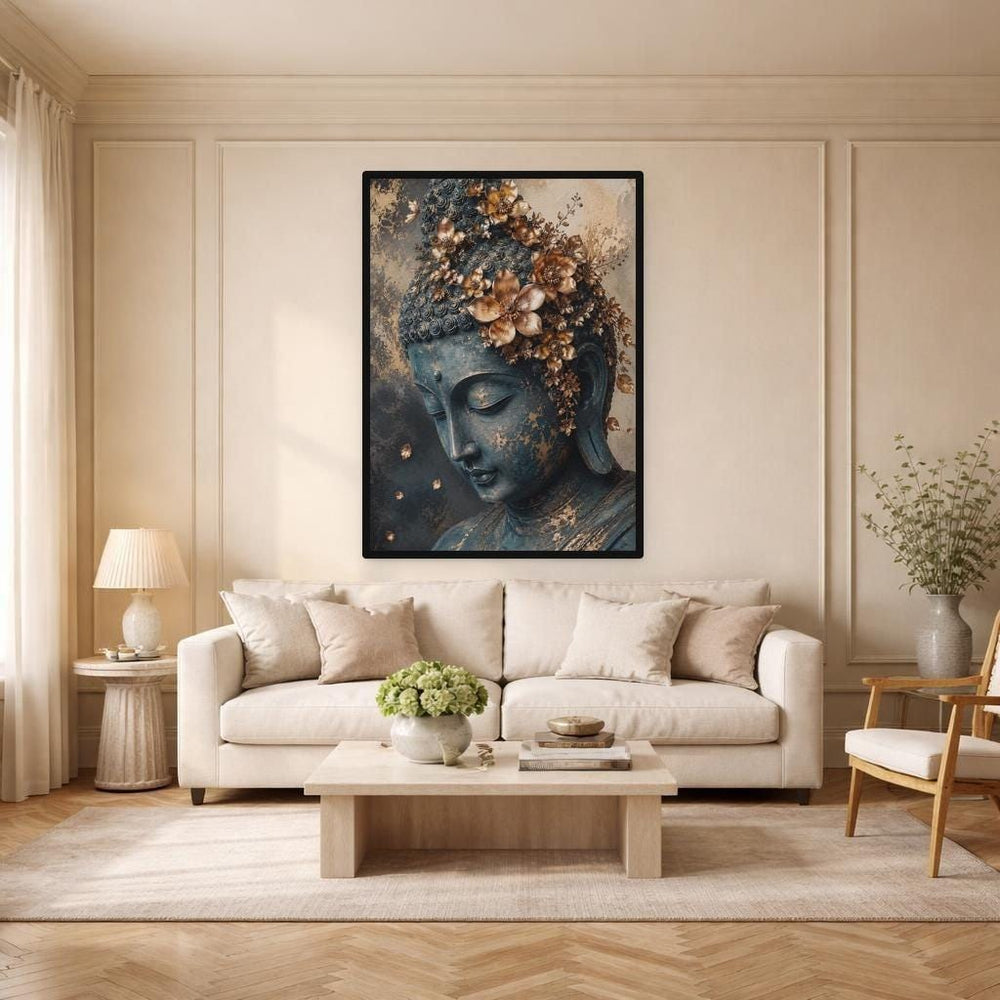 Golden Buddha Portrait Art Print, Zen Floral Art Canvas Wall Art, Meditation Room Decor, Framed Canvas