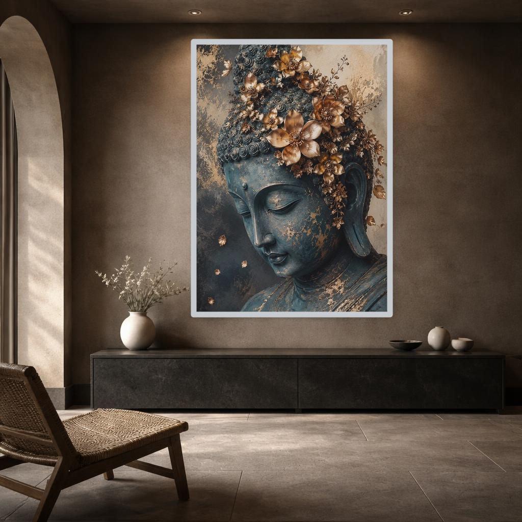 Golden Buddha Portrait Art Print, Zen Floral Art Canvas Wall Art, Meditation Room Decor, Framed Canvas