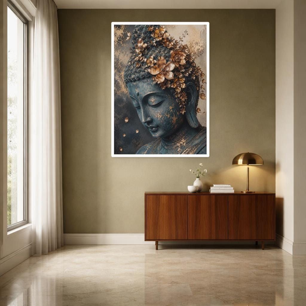 Golden Buddha Portrait Art Print, Zen Floral Art Canvas Wall Art, Meditation Room Decor, Framed Canvas