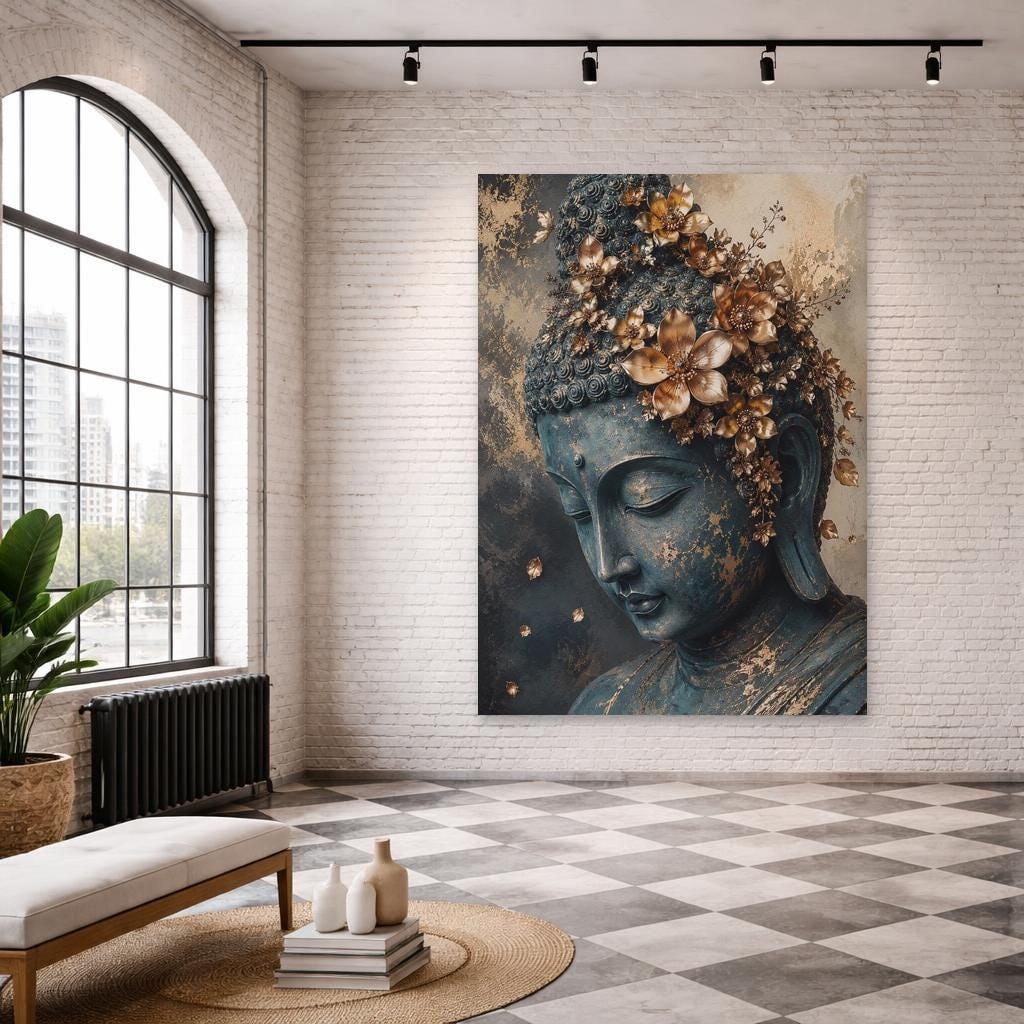 Golden Buddha Portrait Art Print, Zen Floral Art Canvas Wall Art, Meditation Room Decor, Framed Canvas