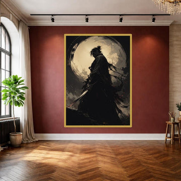 Black Samurai Warrior Canvas Wall Art, Sword Warrior Portrait, Japanese Study Decor, Framed Canvas