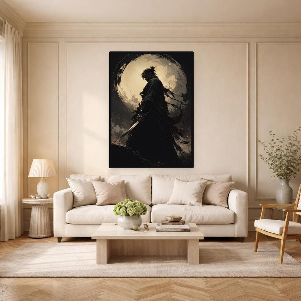 Black Samurai Warrior Canvas Wall Art, Sword Warrior Portrait, Japanese Study Decor, Framed Canvas