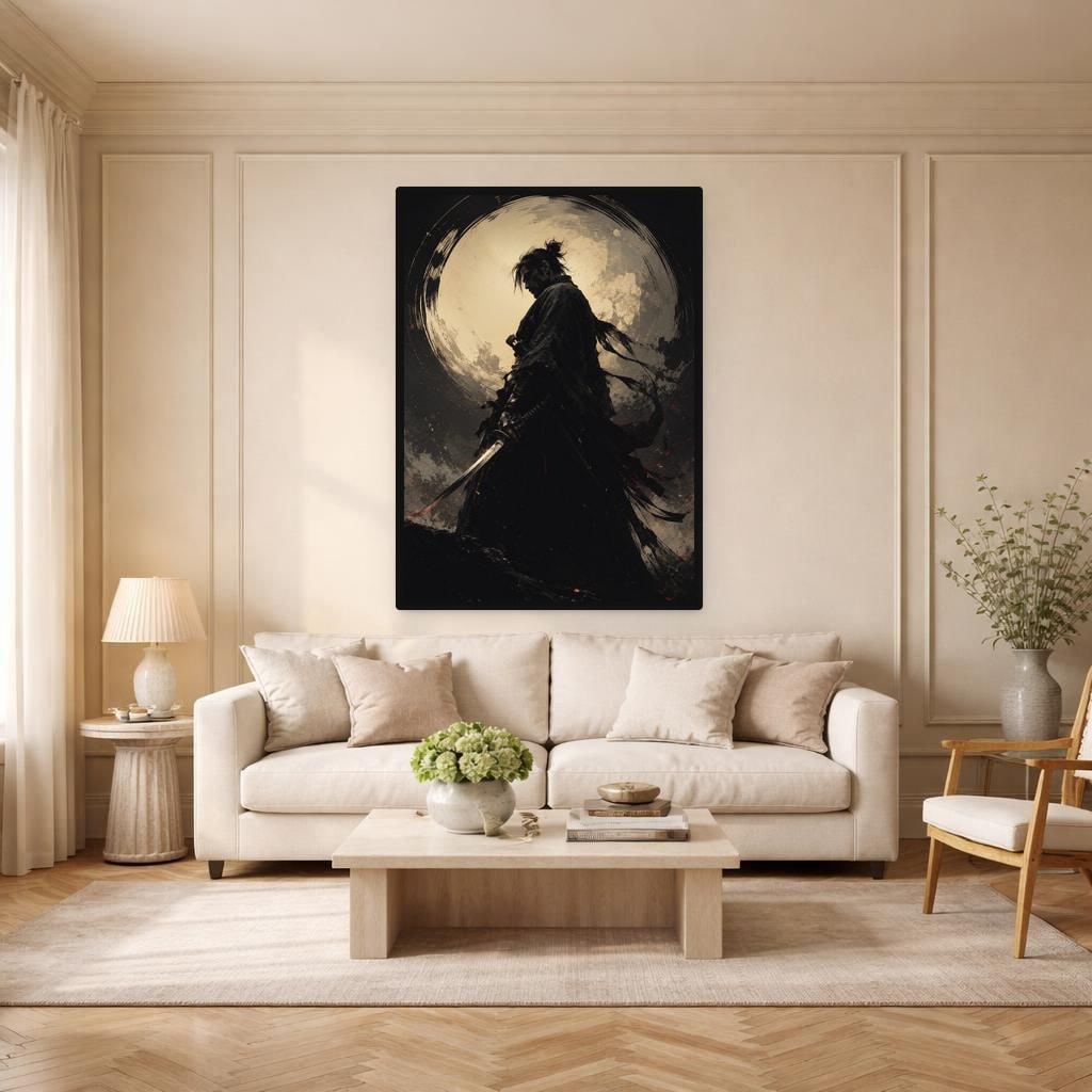 Black Samurai Warrior Canvas Wall Art, Sword Warrior Portrait, Japanese Study Decor, Framed Canvas