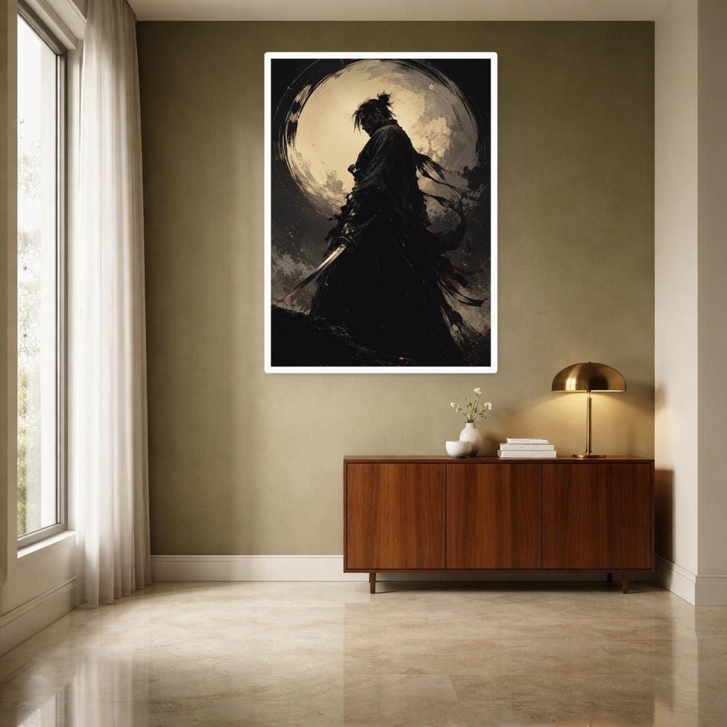 Black Samurai Warrior Canvas Wall Art, Sword Warrior Portrait, Japanese Study Decor, Framed Canvas