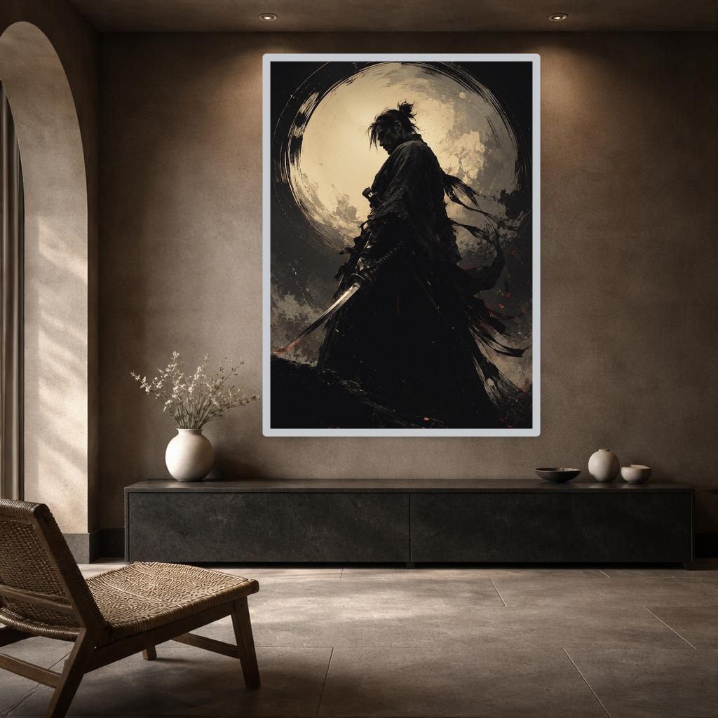 Black Samurai Warrior Canvas Wall Art, Sword Warrior Portrait, Japanese Study Decor, Framed Canvas