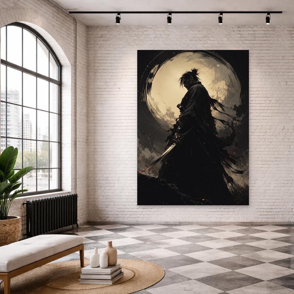 Black Samurai Warrior Canvas Wall Art, Sword Warrior Portrait, Japanese Study Decor, Framed Canvas