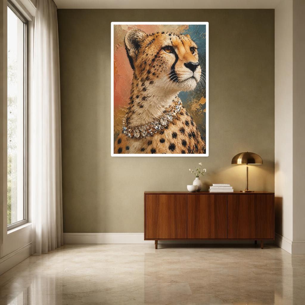 Cheetah with Necklace Framed Canvas Print, Textured Animal Portrait Wall Art, Living Room Decor