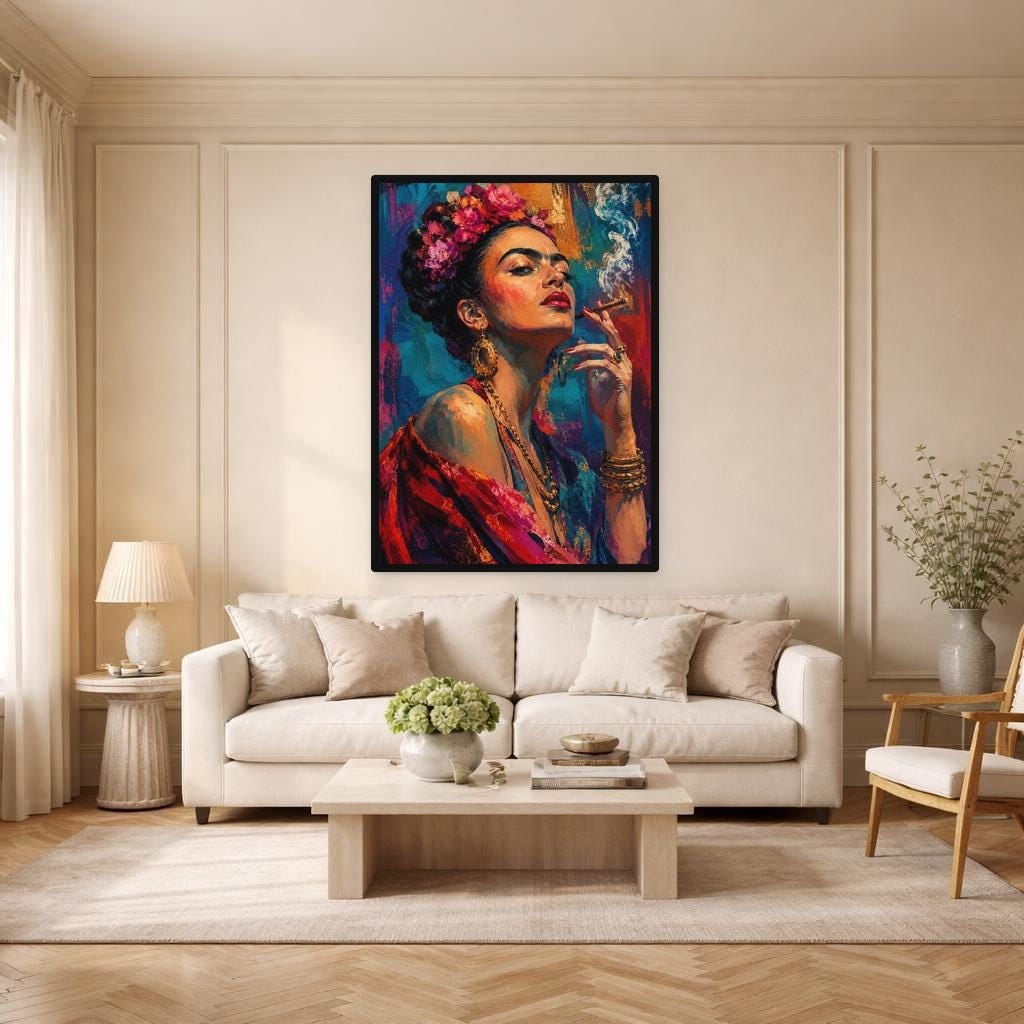 Frida Kahlo Portrait Canvas Print, Floral Portrait Wall Art, Mexican Living Room Decor, Framed Canvas