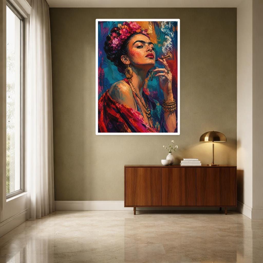 Frida Kahlo Portrait Canvas Print, Floral Portrait Wall Art, Mexican Living Room Decor, Framed Canvas