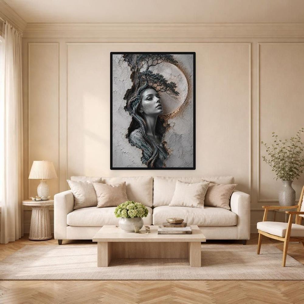 Woman with Tree Framed Canvas Print, Surrealist Portrait Wall Art, Living Room Decor