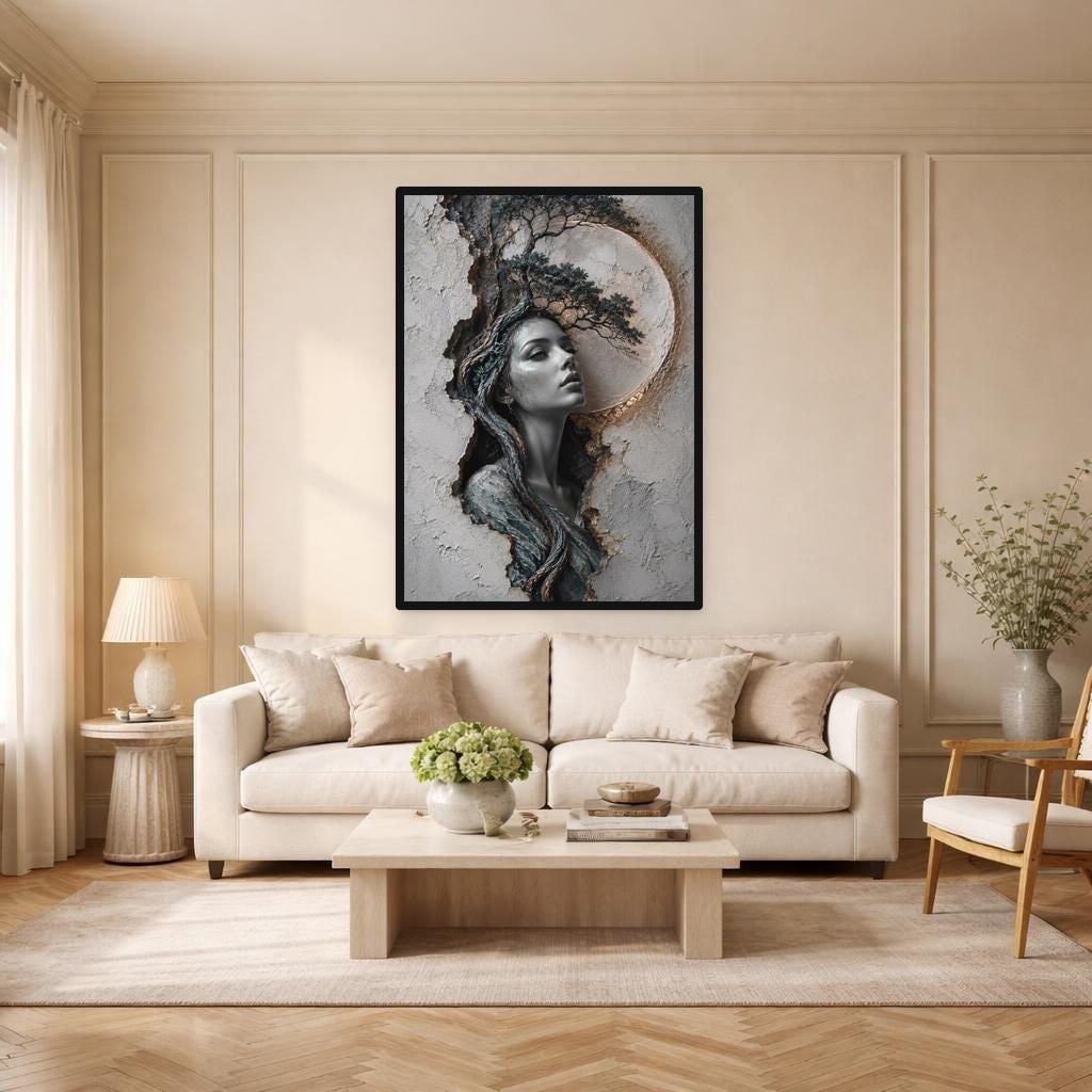 Woman with Tree Framed Canvas Print, Surrealist Portrait Wall Art, Living Room Decor