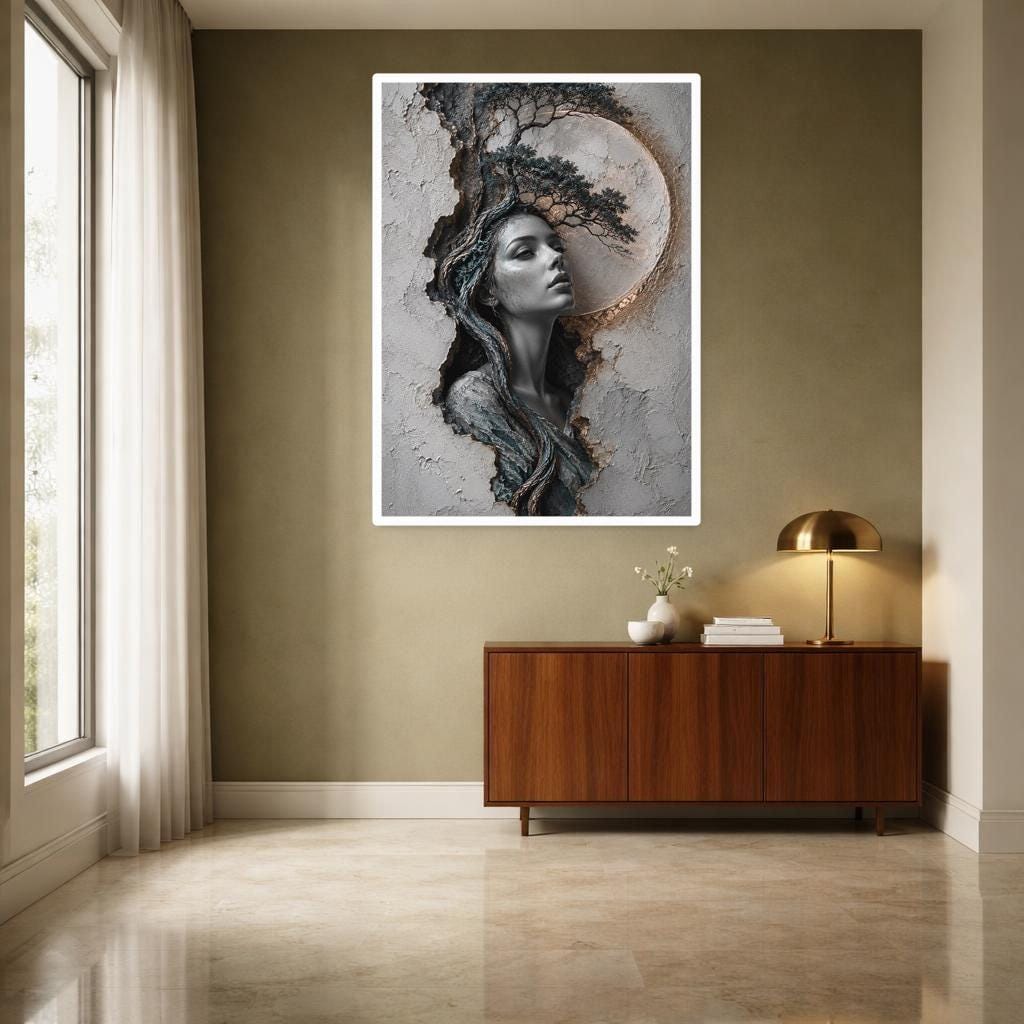 Woman with Tree Framed Canvas Print, Surrealist Portrait Wall Art, Living Room Decor
