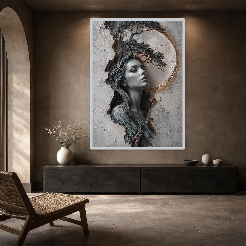 Woman with Tree Framed Canvas Print, Surrealist Portrait Wall Art, Living Room Decor