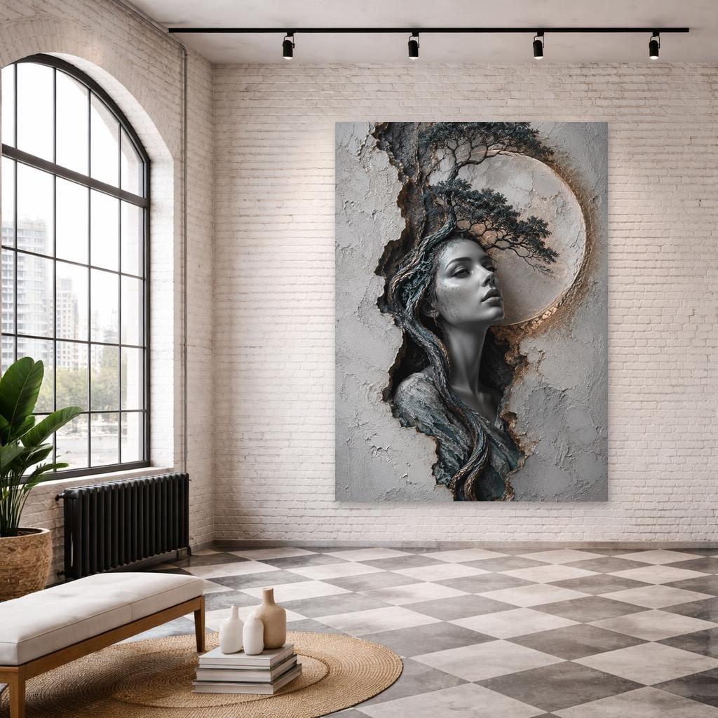 Woman with Tree Framed Canvas Print, Surrealist Portrait Wall Art, Living Room Decor