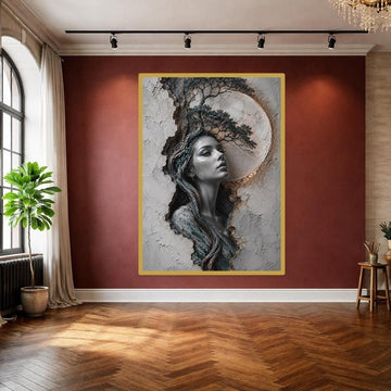 Woman with Tree Framed Canvas Print, Surrealist Portrait Wall Art, Living Room Decor
