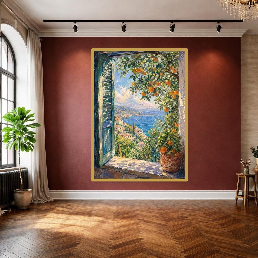 Open Window with Oranges Art Print, Impressionist Landscape Canvas Wall Art, Living Room Decor, Framed Canvas