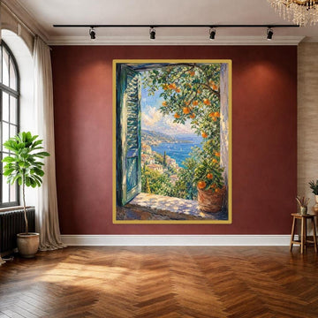 Open Window with Oranges Art Print, Impressionist Landscape Canvas Wall Art, Living Room Decor, Framed Canvas