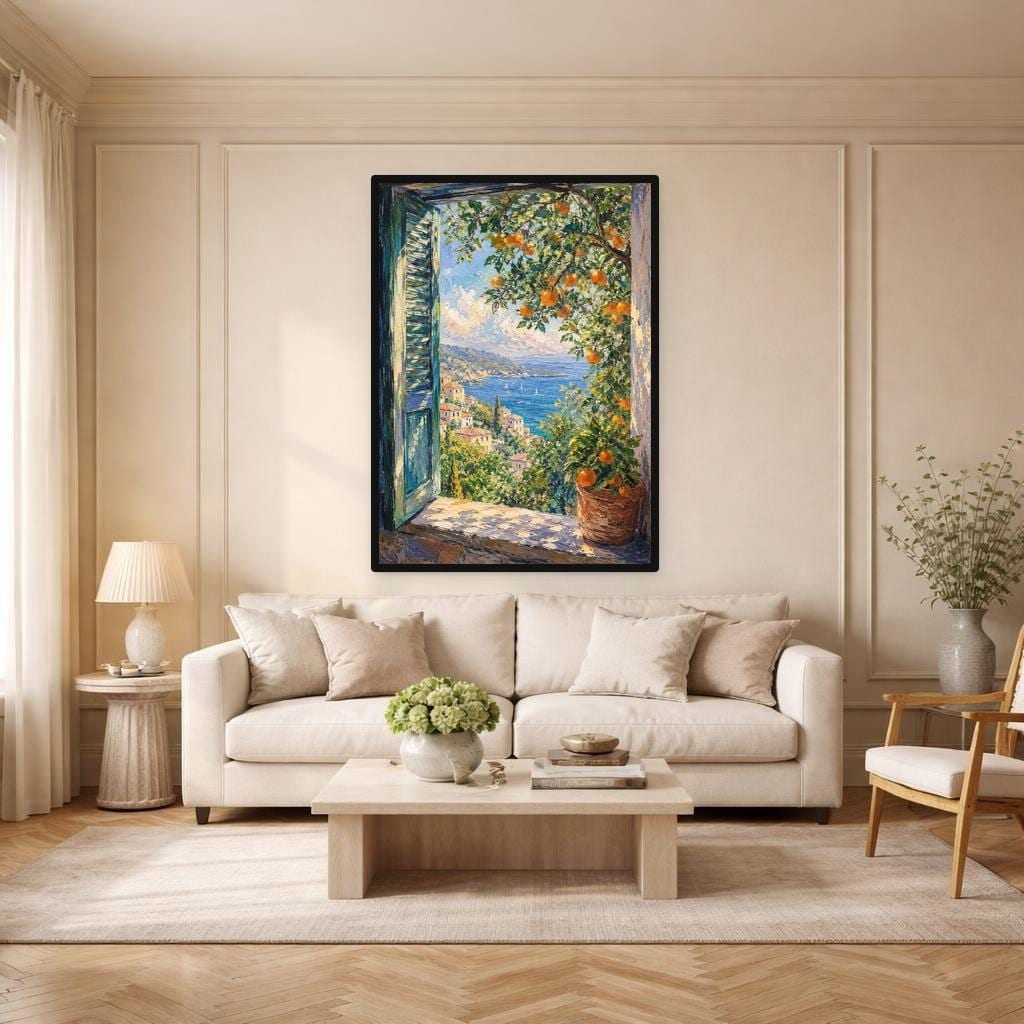 Open Window with Oranges Art Print, Impressionist Landscape Canvas Wall Art, Living Room Decor, Framed Canvas