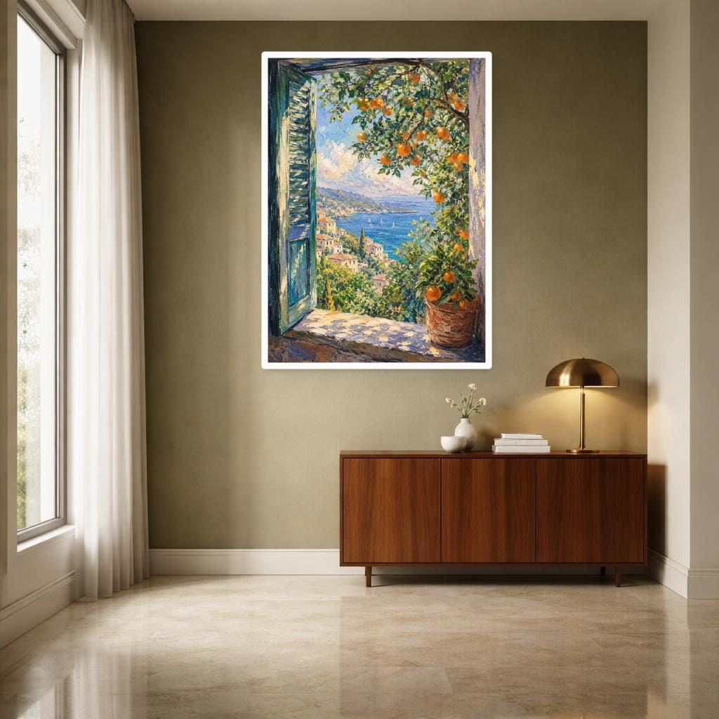 Open Window with Oranges Art Print, Impressionist Landscape Canvas Wall Art, Living Room Decor, Framed Canvas
