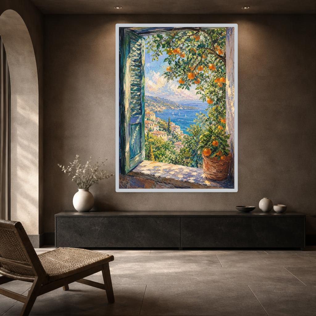 Open Window with Oranges Art Print, Impressionist Landscape Canvas Wall Art, Living Room Decor, Framed Canvas