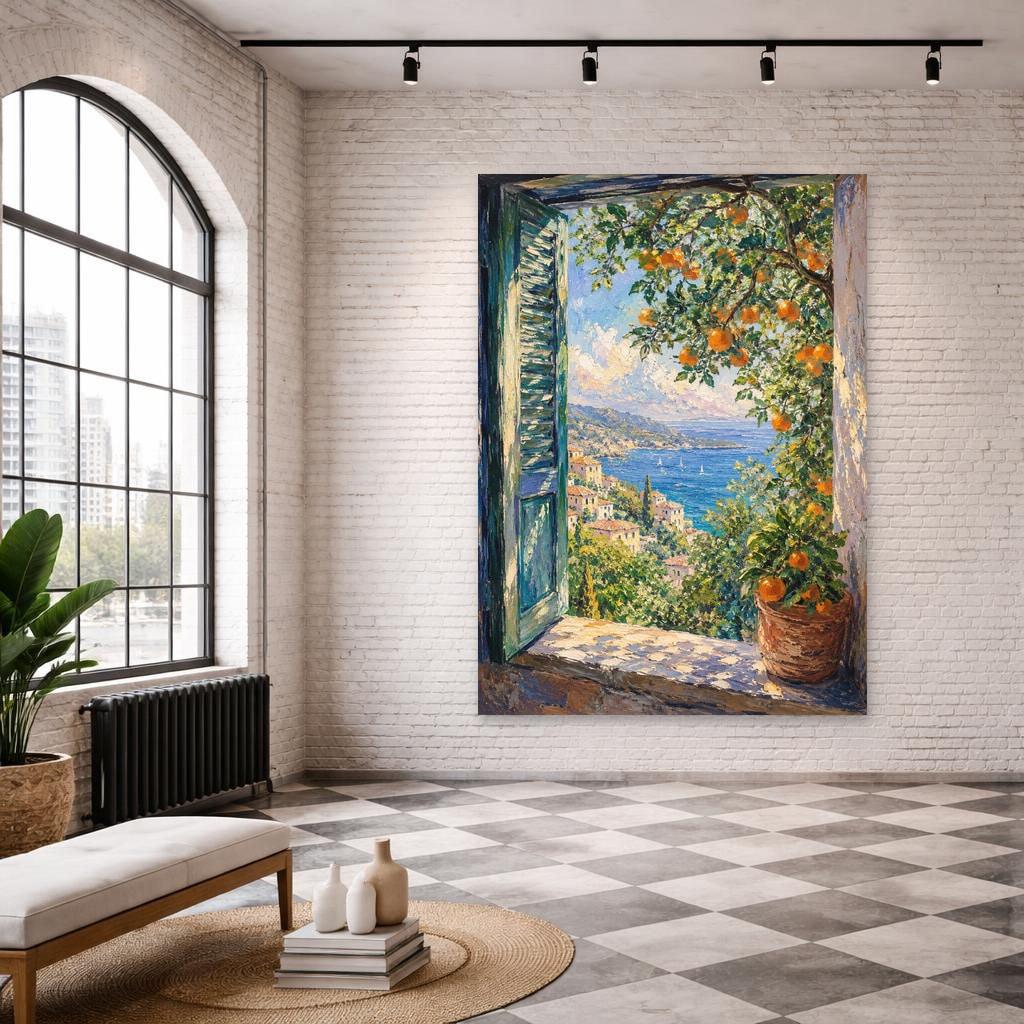 Open Window with Oranges Art Print, Impressionist Landscape Canvas Wall Art, Living Room Decor, Framed Canvas
