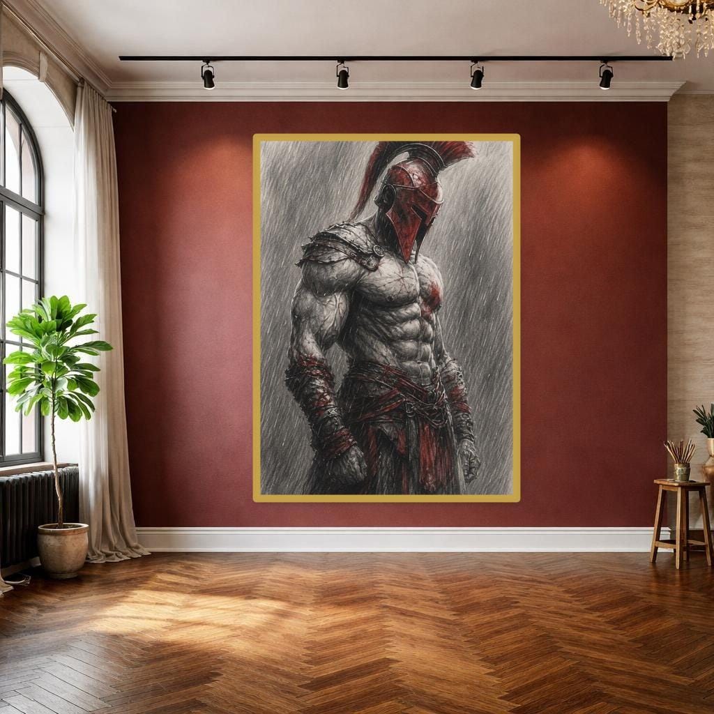 Red Samurai Warrior Framed Canvas Print, Japanese Warrior Wall Art, Modern Office Decor