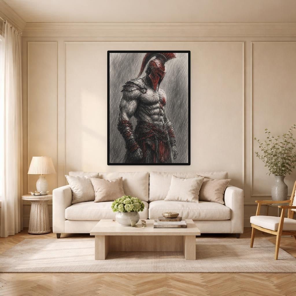 Red Samurai Warrior Framed Canvas Print, Japanese Warrior Wall Art, Modern Office Decor