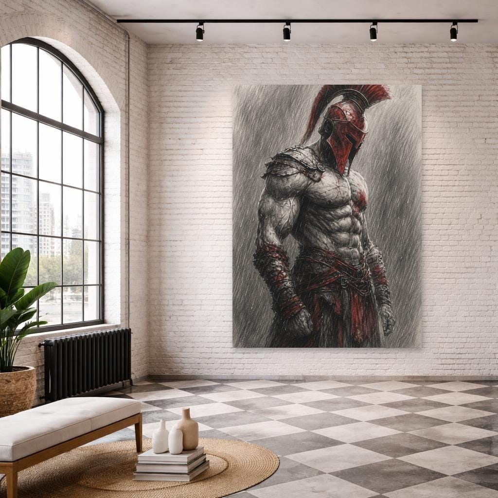 Red Samurai Warrior Framed Canvas Print, Japanese Warrior Wall Art, Modern Office Decor