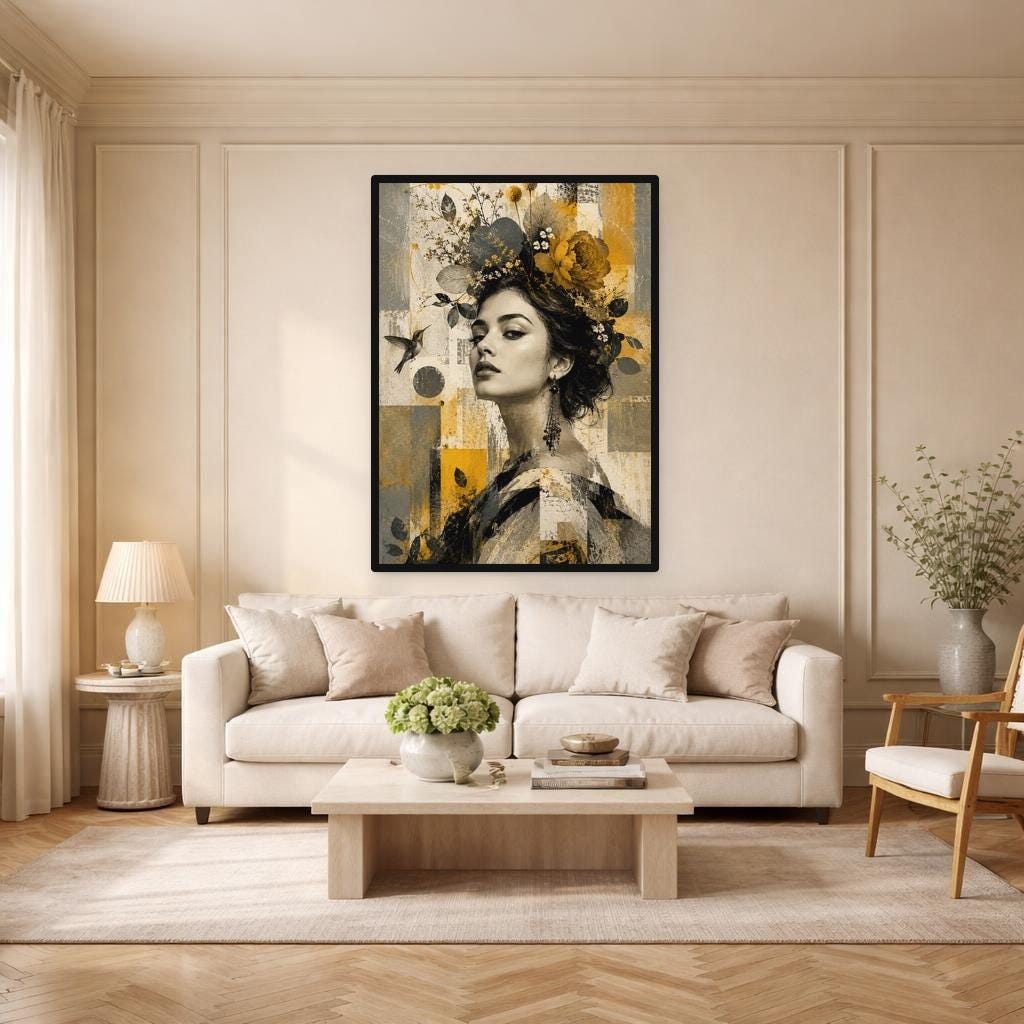 Floral Woman Portrait Art Print, Dark Botanical Woman Canvas Art, Moody Wall Decor, Framed Canvas
