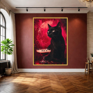 Black Cat with Cocktail Art Print, Moody Animal Art Canvas Wall Art, Living Room Decor, Framed Canvas