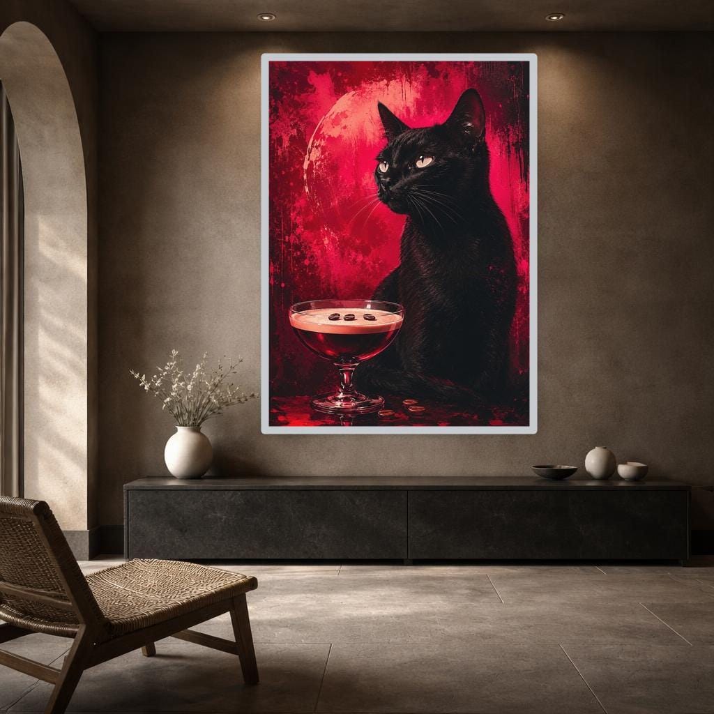 Black Cat with Cocktail Art Print, Moody Animal Art Canvas Wall Art, Living Room Decor, Framed Canvas