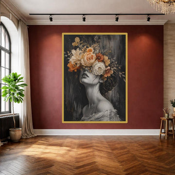 Floral Woman Portrait Canvas Wall Art, Dark Floral Portrait Print, Moody Bedroom Decor, Framed Canvas