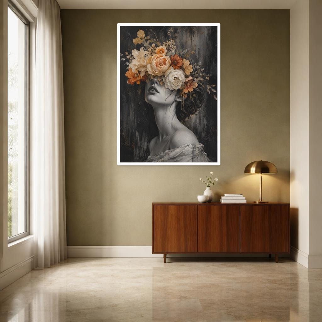 Floral Woman Portrait Canvas Wall Art, Dark Floral Portrait Print, Moody Bedroom Decor, Framed Canvas