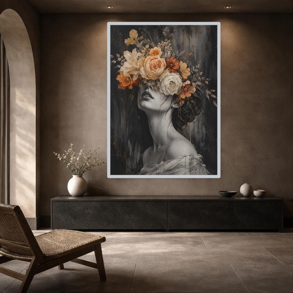 Floral Woman Portrait Canvas Wall Art, Dark Floral Portrait Print, Moody Bedroom Decor, Framed Canvas