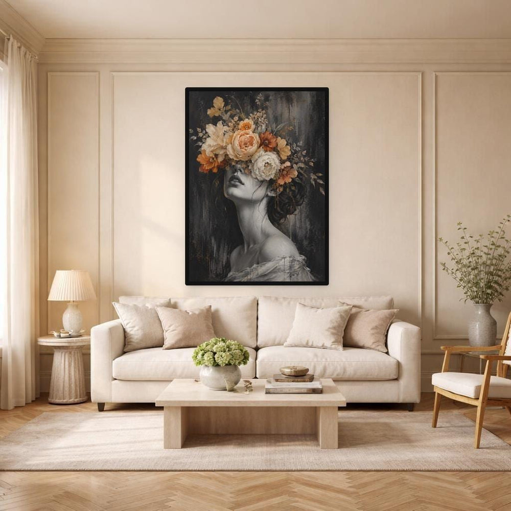 Floral Woman Portrait Canvas Wall Art, Dark Floral Portrait Print, Moody Bedroom Decor, Framed Canvas
