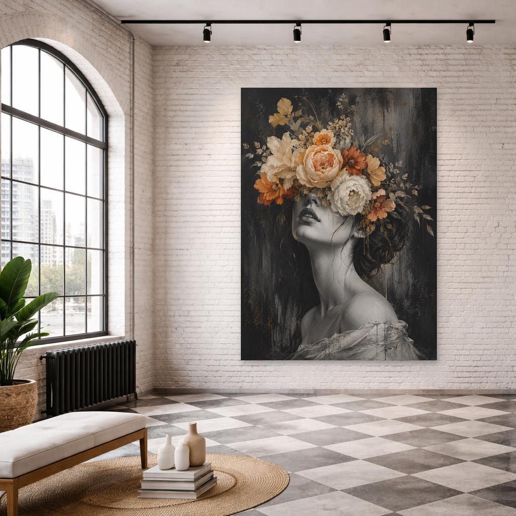 Floral Woman Portrait Canvas Wall Art, Dark Floral Portrait Print, Moody Bedroom Decor, Framed Canvas