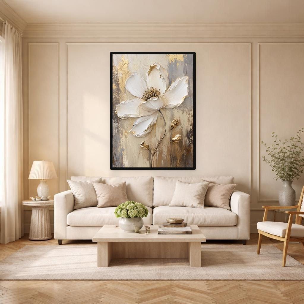 Gold Floral Framed Canvas Print, Textured Floral Art Wall Art, Living Room Decor