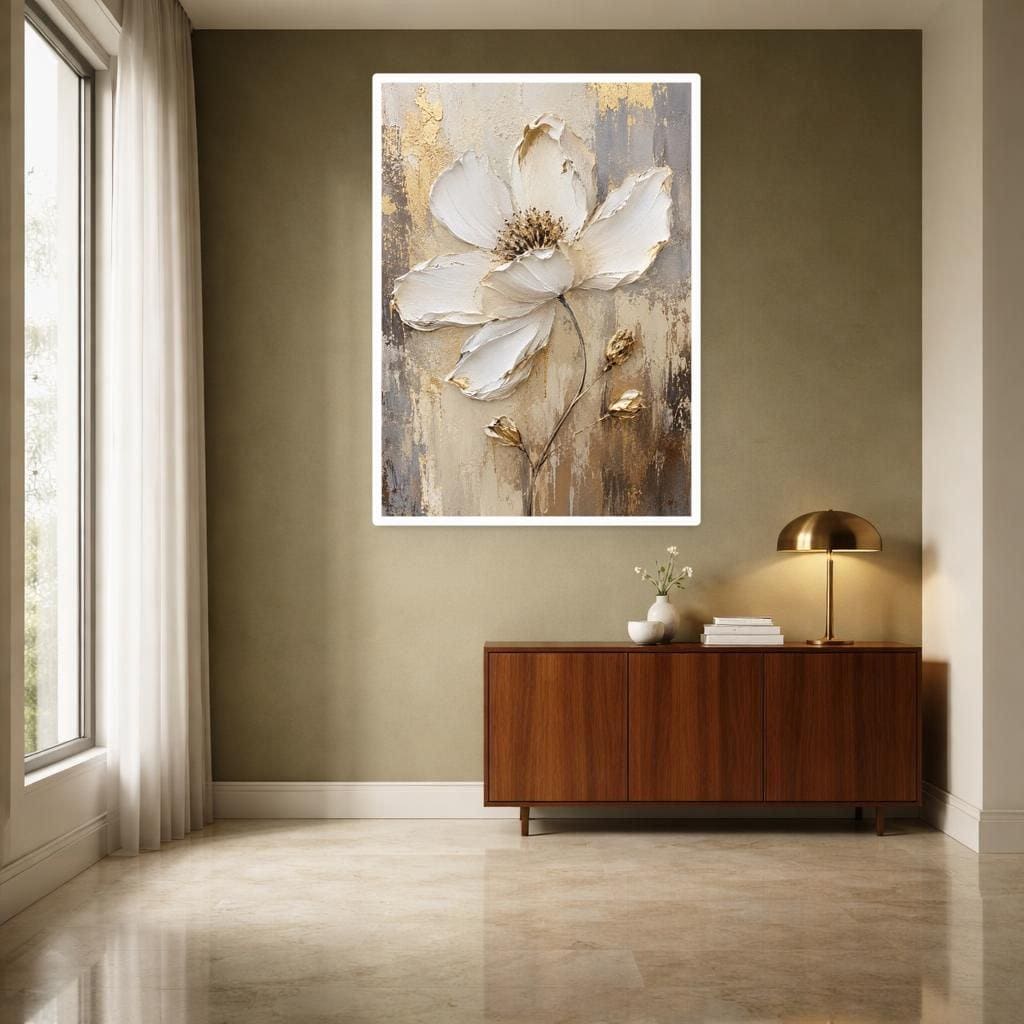 Gold Floral Framed Canvas Print, Textured Floral Art Wall Art, Living Room Decor