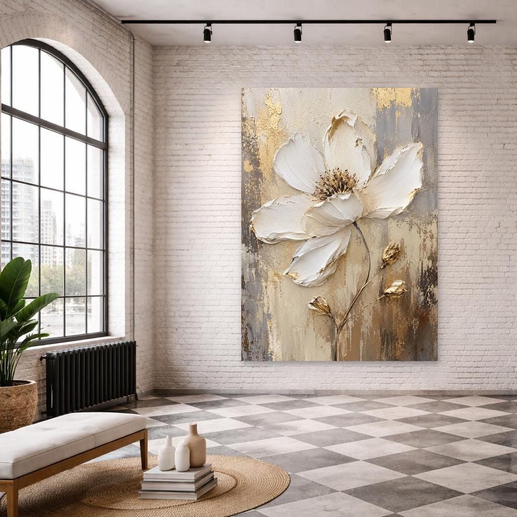 Gold Floral Framed Canvas Print, Textured Floral Art Wall Art, Living Room Decor