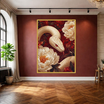 White Snake and Peonies Wall Art Print, Floral Animal Art Canvas Art, Living Room Decor, Ready to Hang