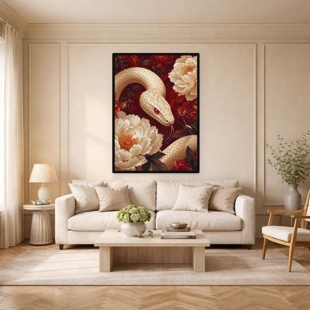 White Snake and Peonies Wall Art Print, Floral Animal Art Canvas Art, Living Room Decor, Ready to Hang