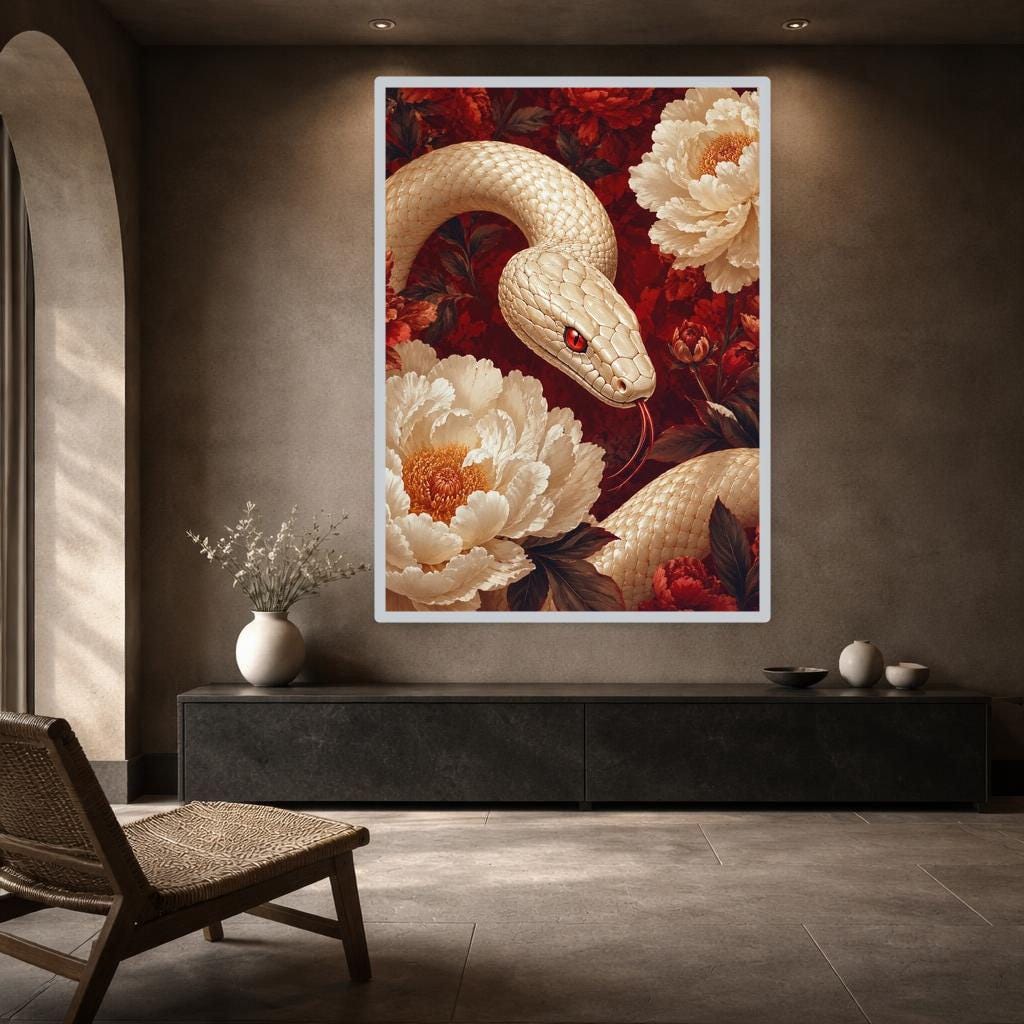 White Snake and Peonies Wall Art Print, Floral Animal Art Canvas Art, Living Room Decor, Ready to Hang