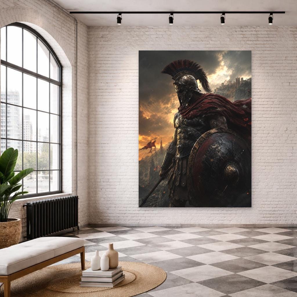 Red Samurai Warrior Canvas Wall Art, Sword Warrior Portrait, Japanese Study Decor, Framed Canvas